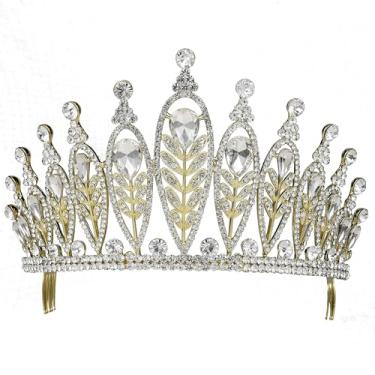 Imagem de Janefashions Elegante Floral Cristal Claro Strass Tiara Coroa de Noiva Formatura Concurso T11885 Ouro