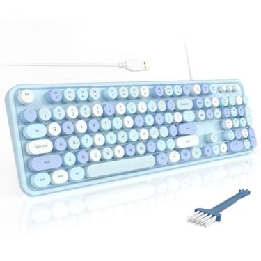 Imagem de MOFII Teclados de computador com fio, teclado de máquina de escrever USB tamanho completo, bonito teclado estético colorido com suportes dobráveis para Windows PC e laptop (azul colorido)