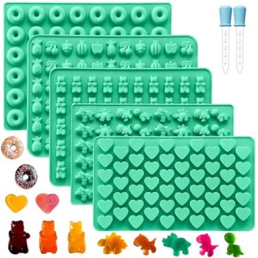 Imagem de Conjunto de 5 moldes de goma de silicone, moldes de silicone com 2 conta-gotas para enchimento conveniente, conjunto de moldes de goma inclui dinossauro, urso, donut, coração e frutas