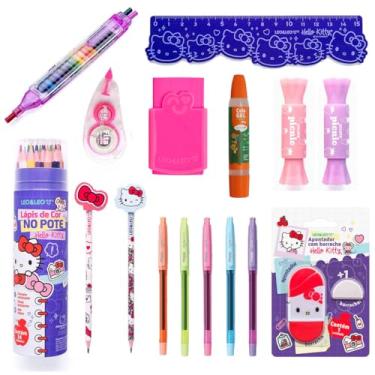 Imagem de Kit Material Escolar Infantil Completo Lápis de Cor Marca Texto Apontador com Borracha Regua Corretivo em Fita - Leo e Leo