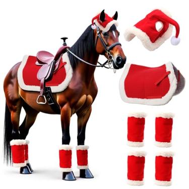 Imagem de 6 peças de almofada de sela de Natal, decorações de Natal, faixas de perna de Papai Noel com pele sintética, um chapéu de Papai Noel alegre para cavalos e uma almofada de sela ocidental multiuso