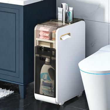 Imagem de Armário de piso de canto de armazenamento de banheiro fino Armário lateral de banheiro Armário de piso de banheiro multicamadas com rodas Unidade organizadora de papel higiênico estreita Arm