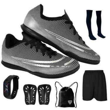 Imagem de Chuteira Futsal Adulto Juvenil Quadra Salão Futebol Novo + Meião Relóg