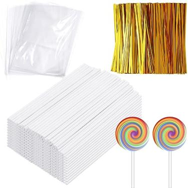 Imagem de Kit de 1800 palitos e envoltórios de bolo, incluindo 600 peças de palito de pirulito de 15 cm, 600 unidades de sacos de petisco transparentes, pacote de 600 peças de gravatas douradas, ferramentas