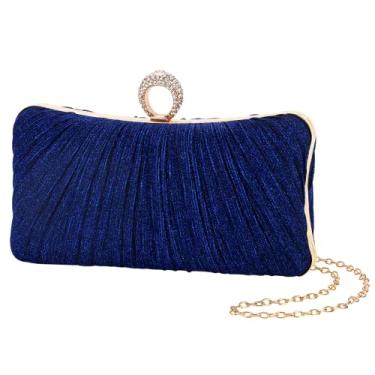 Imagem de iWISH Bolsa clutch feminina dourada com purpurina, plissada, para festa de casamento nupcial com anel de strass, Azul, Small