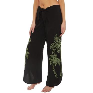 Imagem de Isabella Rose Calça feminina padrão West Palms, laço na cintura, saída de praia, preta, Preto, P