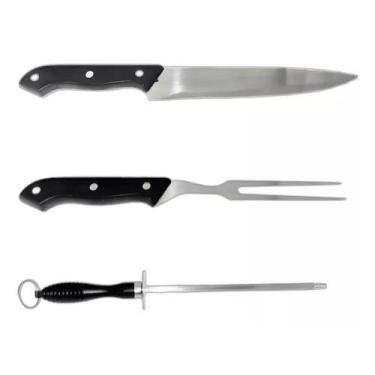 Imagem de Kit Para Churrasco 3 Peças Faca Garfo Chaira Inox - Livon