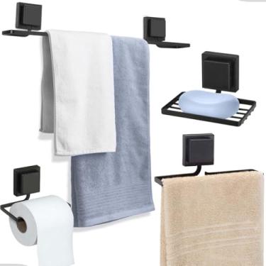 Imagem de Kit Acessórios Banheiro Porta Toalha Rosto Banho Saboneteira Papeleira Sem Furo Dupla Face 3M Preto