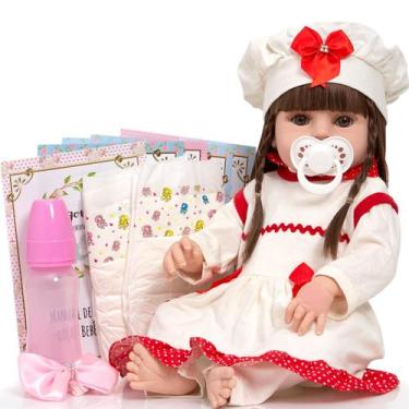Imagem de Bebe Reborn Gatinha Baby Conjunto Vermelho + Kit Acessórios - Cegonha 