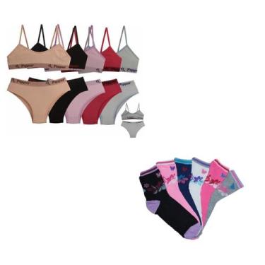 Imagem de Kit 6 Conjunto Sutiã Calcinha Infanto Juvenil + 6 Pares Meia Cano Alto