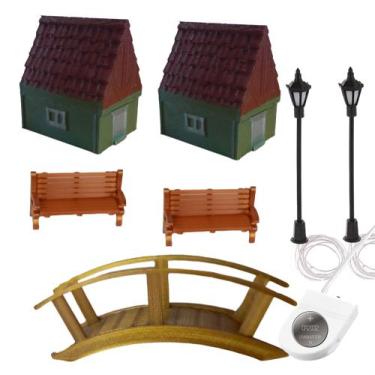 Imagem de Kit Miniaturas Banco Poste Ponte Casa - Maquetes E Terrário - Mad Make