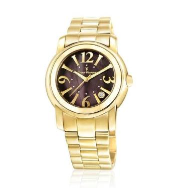 Imagem de Relógio Jean Vernier Caixa e Pulseira Aço Vidro Cristal, Dourado+Marro