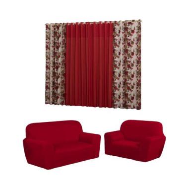 Imagem de Kit cortina florata + capa de sofa lisa - MAYRA ENXOVAIS, Vermelho