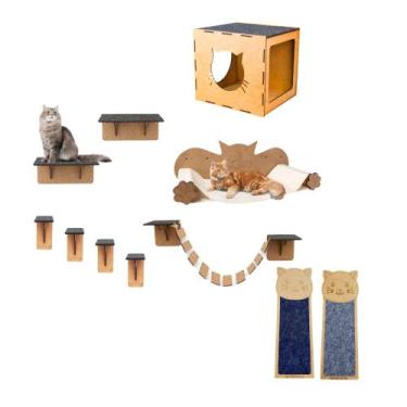 Imagem de Kit Playground 11 Peças Parquinho Para Gatos Com Arranhador 4mm Em Mdf