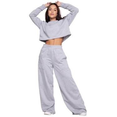 Imagem de Conjunto Cropped Manga Longa + Calça Wide Leg Bella Fiore Blusa Moletinho Flare Pantalona Casual-Feminino