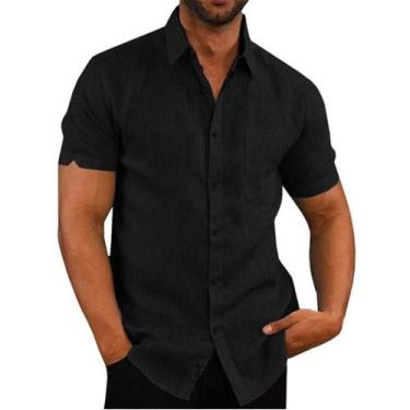 Imagem de Camisa Masculina Plus Size de Linho e Algodão - Manga Curta, Gola Vira