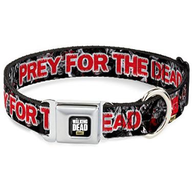Imagem de Buckle-Down Coleira para cães com fivela de cinto de segurança – Zumbis Walking Dead/PREY FOR THE Dead Preto/Cinza/Vermelho – 3,8 cm de largura – Serve para pescoço de 33 a 45 cm – Pequena