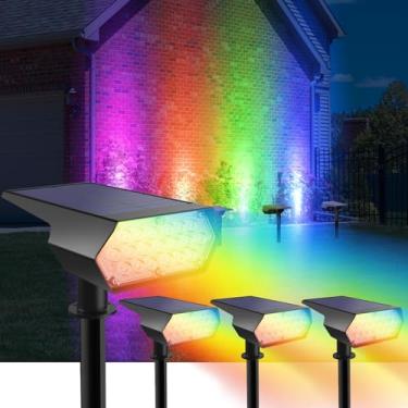 Imagem de Luzes solares atualizadas ao ar livre, à prova d'água, IP65 RGB que mudam de cor, luzes solares externas, holofotes de paisagem solares multicoloridos com função de memória para decorações de férias,