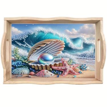Imagem de ShuoBeiter DIY Diamond Art Tray with Handle Diamond Art Painting Plate Creative Design Handmade Wooden Tray Mosaic Making 7.8x11.8 Inches（S33)
