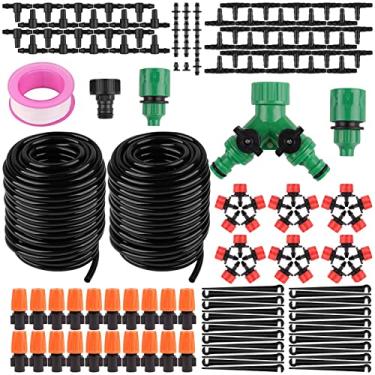 Imagem de Kit de irrigação por gotejamento, sistema automático de irrigação de jardim de 100 pés/30 m - Kits de tubos de irrigação micro faça você mesmo, mangueira de distribuição em branco, bicos atomizadore