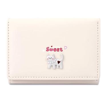 Imagem de MOMOJULI Linda carteira dobrável de couro PU bonita bolsa moderna com bolso para dinheiro, compartimento para cartão, janela para identidade, para mulheres e mulheres, C-Cat-Bege, Minimalista