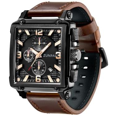 Imagem de ZUNPAI Relógio quadrado masculino cronógrafo analógico de quartzo, relógio esportivo masculino com pulseira de couro, calendário à prova d'água para homens, Preto, marrom, Esportivo