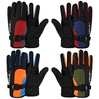 Imagem de Hicarer 4 pares de luvas de inverno para crianças, à prova d'água, para esqui na neve, roupas de camuflagem unissex quentes para clima frio, meninas, meninos e crianças, Verde escuro, laranja, azul