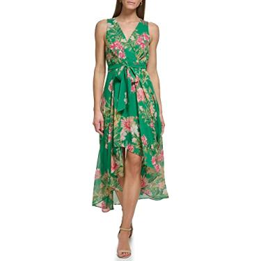 Imagem de Eliza J Vestido floral feminino Surplus Hi Lo Maxi estilo estampado chiffon sem mangas gola V, Verde, 7