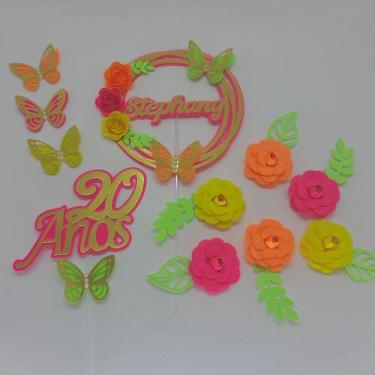 Imagem de Topo de Bolo Decorado 6 Flores Neon personalizado - miwl art
