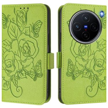 Imagem de Capa carteira rosa e borboleta em relevo para vivo X200 Pro, [bloqueio RFID] [suporta carregamento sem fio] 3 compartimentos para cartão e 1 compartimento para dinheiro, capa flip com fivela magnética