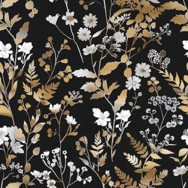 Imagem de WalRiddle Papel de parede azul escuro folha dourada flores silvestres prata plantas modernas descascar e colar papel de parede adesivo impermeável para locatário