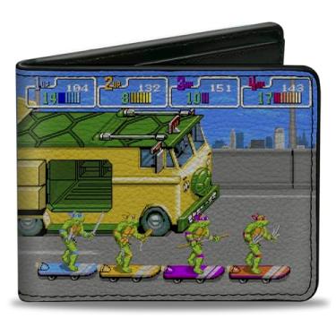 Imagem de Buckle-Down Nickelodeon Carteira dobrável com dobra dupla padrão e compartimentos para cartão, Tartarugas Ninja Mutantes Adolescentes Patinando Festa Van Arcade Scene, Couro Vegano, Multicor, 4.0" x