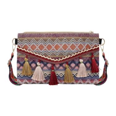 Imagem de WisePoint Bolsa tiracolo de tecido, bolsa transversal boêmia, bolsa tiracolo de palha, bolsa transversal feminina, Vermelho