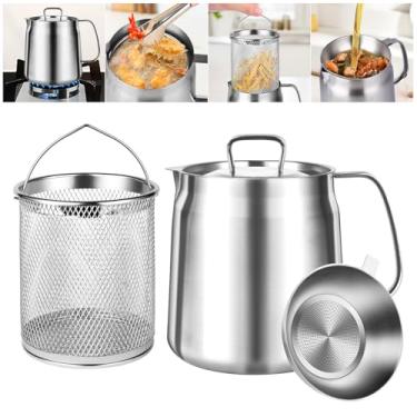 Imagem de TCVNMR Filtro de óleo de aço inoxidável 304, recipiente de graxa de bacon com filtro, recipiente de óleo de cozinha com cesta de fritura, recipiente de filtro de óleo multifuncional de grande