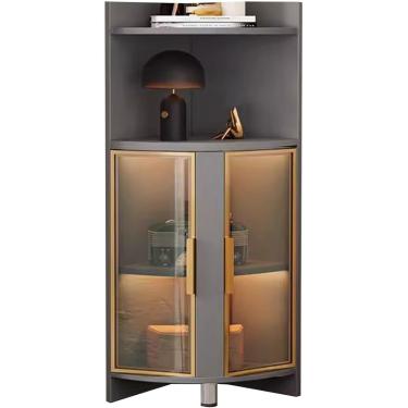 Imagem de Vitrines de vidro com canto curvado curioso para espaços pequenos, suporte de estante de livros de 119 cm com porta de vidro temperado, barra de luz LED e caixa de bebidas, cinza + dourado
