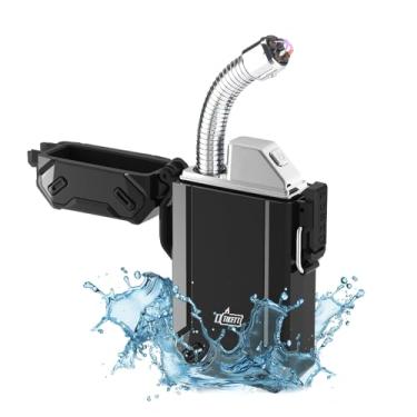 Imagem de TIKETT Isqueiro recarregável, isqueiros de acampamento com arco duplo, isqueiro à prova de vento à prova d'água de sobrevivência com isqueiros elétricos USB flexíveis retráteis de pescoço longo para