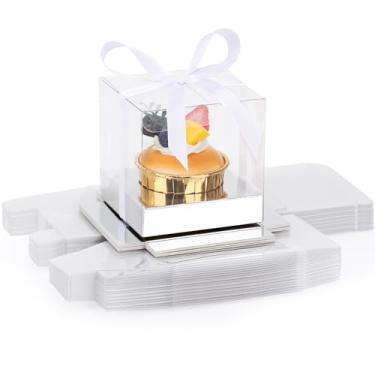 Imagem de EUSOAR Caixas de cupcakes, 9,5 cm 24 pacotes de muffins embalagens individuais para cupcake recipientes com fita, suporte de sobremesa transparente para pastelaria descartável para lembrancinhas de