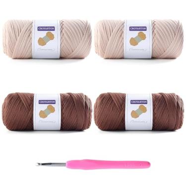 Imagem de Pacote com 4 fios de camisetas para crochê, camisetas elásticas, fios de tricô espaguete, comprimento total, 260 metros para sacos de crochê, decoração de casa com 1 agulha de crochê (4 bege + cor