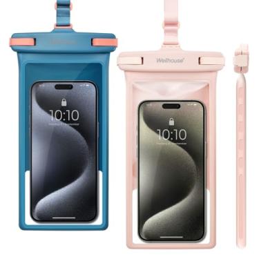 Imagem de wellhouse Bolsa impermeável para celular, capa impermeável para iPhone 16 15 14 13 12 Pro Max XS Samsung, IPX8 3D Cellphone Dry Bag Beach Essentials (pacote com 2 - azul e rosa 8,0, 8 polegadas)