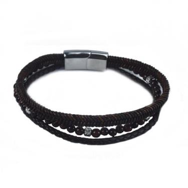Imagem de Bracelete Masculino 21 cm em Couro Trançado e Shambala Olho de Tigre -