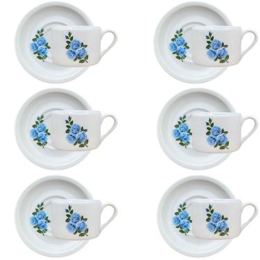Imagem de Jogo 6 xícaras Café/Chá com pires 170ml Base Reta Flor Azul