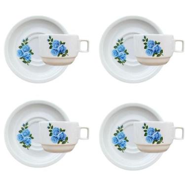 Imagem de Jogo 4 xícaras Café Chá c/ pires 200ml Empilháveis Flor Azul - Antilop