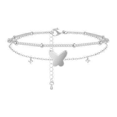 Imagem de Poxtex Tornozeleira feminina de prata esterlina à prova d'água, zircônia cúbica 925 banhada a prata e pingente de coração, tornozeleiras delicadas para mulheres, conjunto de tornozeleiras de corrente