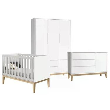 Imagem de Quarto Infantil Classic 3 portas Branco Fosco com Pés Madeira Natural 