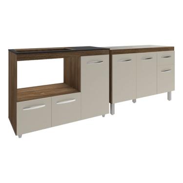Imagem de Gabinete Cozinha Armário Balcão de Pia 120 cm Aline e Balcão para Fogão Cooktop 5 Bocas e Forno Alana Savana Off White