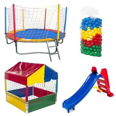 Imagem de Pula Pula Trampolim 2,30m Premium + Piscina de Bolinhas 1,00m Infantil + 500 Bolinhas Coloridas + Escorregador Médio