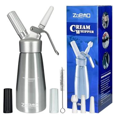Imagem de Dispensador profissional de chantilly – Recipiente de creme de metal completo graduado, com corpo e cabeça de metal durável com 3 pontas de decoração (prata profissional 250 ml)