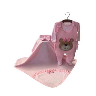 Imagem de Kit Saída Maternidade Bebe Menina Rosa Ursinha Com Jardineira e Body -