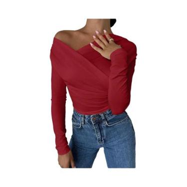 Imagem de Camiseta Feminina Slim Fit - Malha, Manga Longa, Decote Ombro a Ombro,