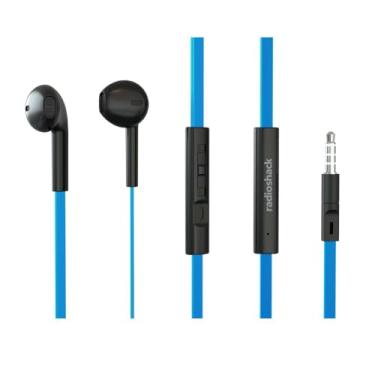 Imagem de Fones de ouvido estéreo RadioShack com cabo, fones de ouvido com fio com microfone e botões de controle de volume, pontas de silicone macio para uso prolongado confortável e ajuste seguro, azul e